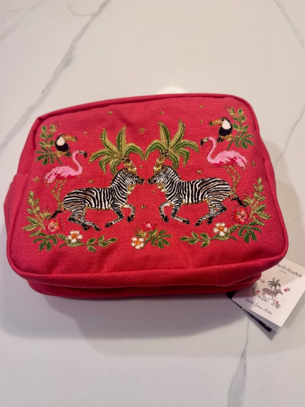 NWT Elizabeth Scarlett Blush Pink Cotton Wash Bag, Wild Zebra Palm